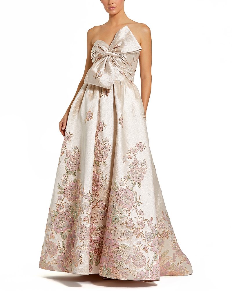 Mac Duggal Brocade Strapless Floral Gown With Bow Detail In Neutral