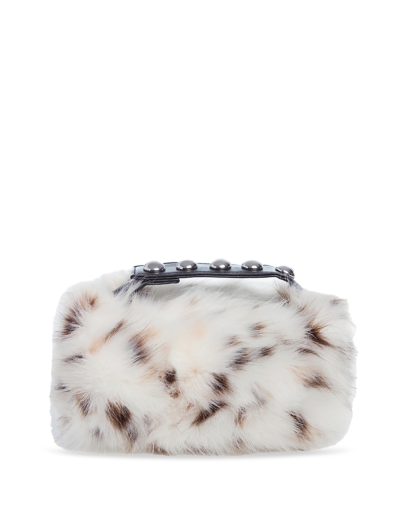 Apparis Marfa Snow Leopard Top Carry Handle Faux Fur Pouch In White