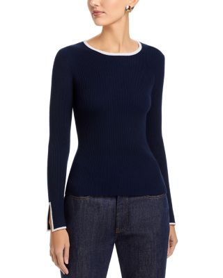 Long Bell Sleeved Rib Contrast Tipping Crewneck Pullover Sweater