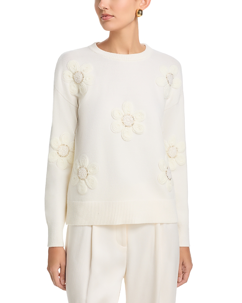 T Tahari Long Sleeved Fuzze Flowers Crewneck Pullover Sweater