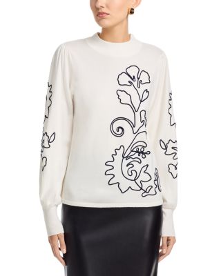 Long Sleeved Embroidered Jersey Mock Neck Pullover Sweater