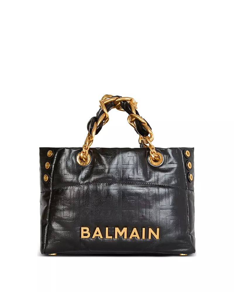 Balmain 1945 Soft Cabas Small-Pb Embellished Crinkle Leather Handbag