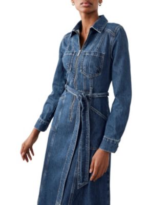 Women's Denim Belted Midi Shirt Dress