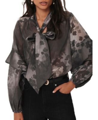 Women's Floral Tie-Neck Sheer Blouse with Ruffle Sleeves