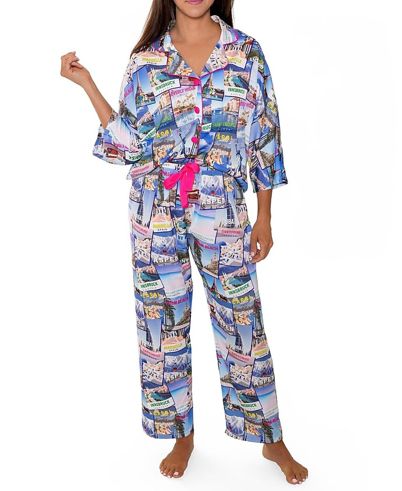Sunshine Society World Traveler Silky 3/4 Sleeve Pants Set In Multi