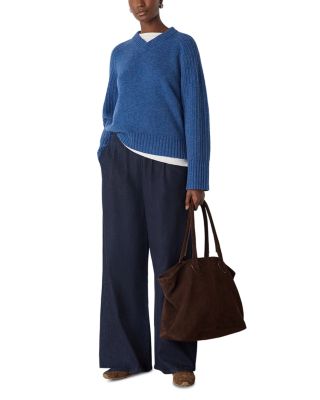 Wool Ribbed Sleeve V Neck Knit Sweater