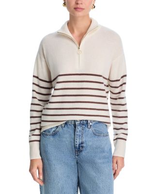100% Cashmere Mock Neck Quarter Zip Striped Sweater - Exclusive