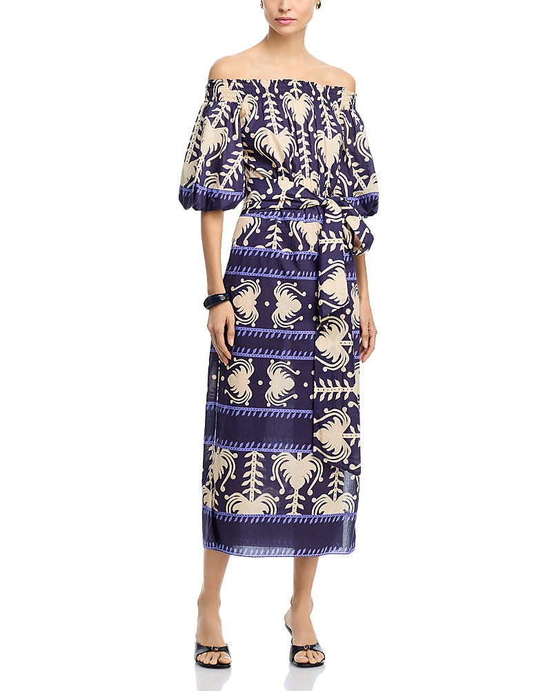 Johanna Ortiz Harbour Hues Patterned Cotton-poplin Midi Dress In Blue
