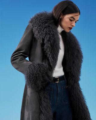 Dorothy Leather & Shearling Trim Midi Coat