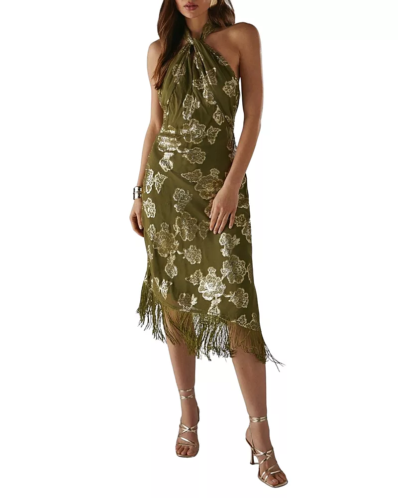 Warehouse Metallic Chiffon Wrap Front Midi Dress