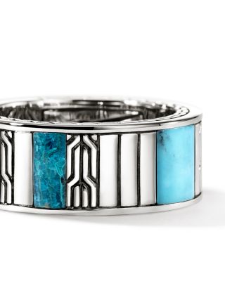 Men&#39;s Sterling Silver Carved Chain Mixed Stone Band