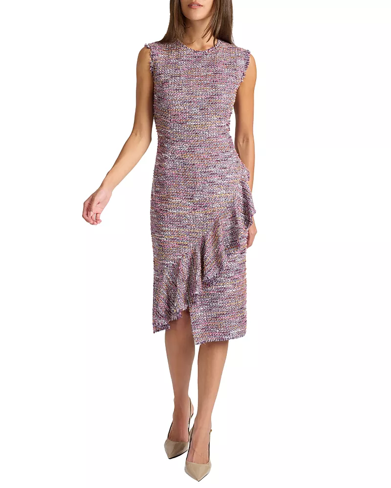 Santorelli Cami Sleeveless Sheath Dress with Skirt Ruffle in Luxury Tweed