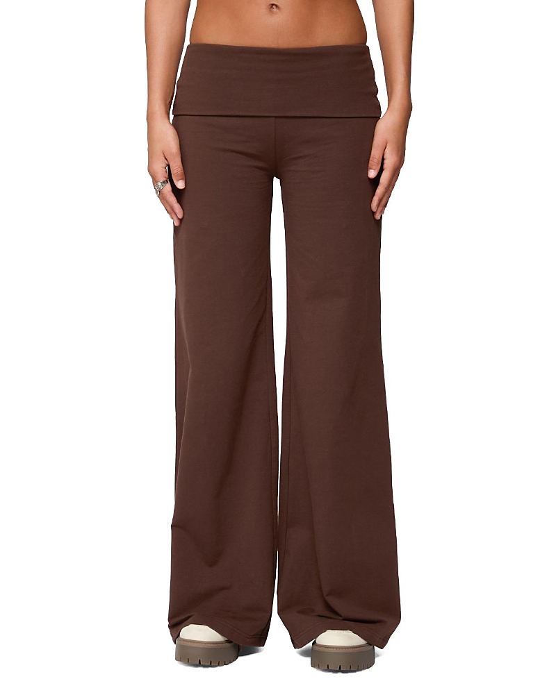 Edikted Wide Leg Fold Over Pants In Brown