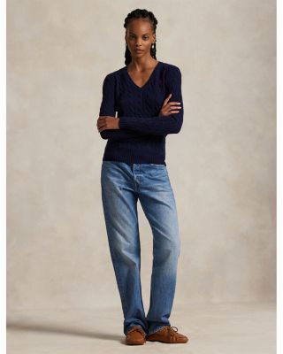 Cable Knit Wool &amp; Cashmere V-Neck Sweater