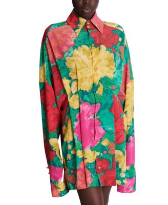  Crepe Shirt Dress with Roses Print