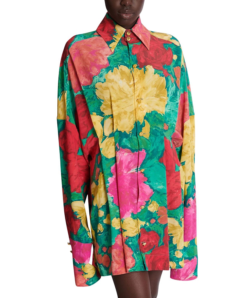 Balmain Crepe Shirt Dress with Roses Print
