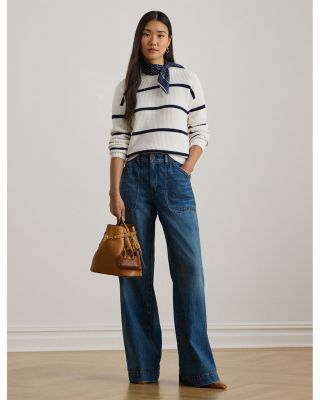 Striped Rib Knit Cotton Crewneck Sweater