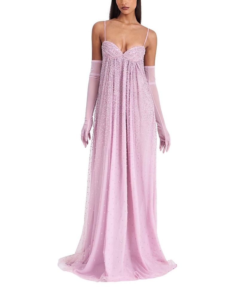 Miss Circle Walliee Rhinestone Embellished Mesh Backless Gown In Neutral