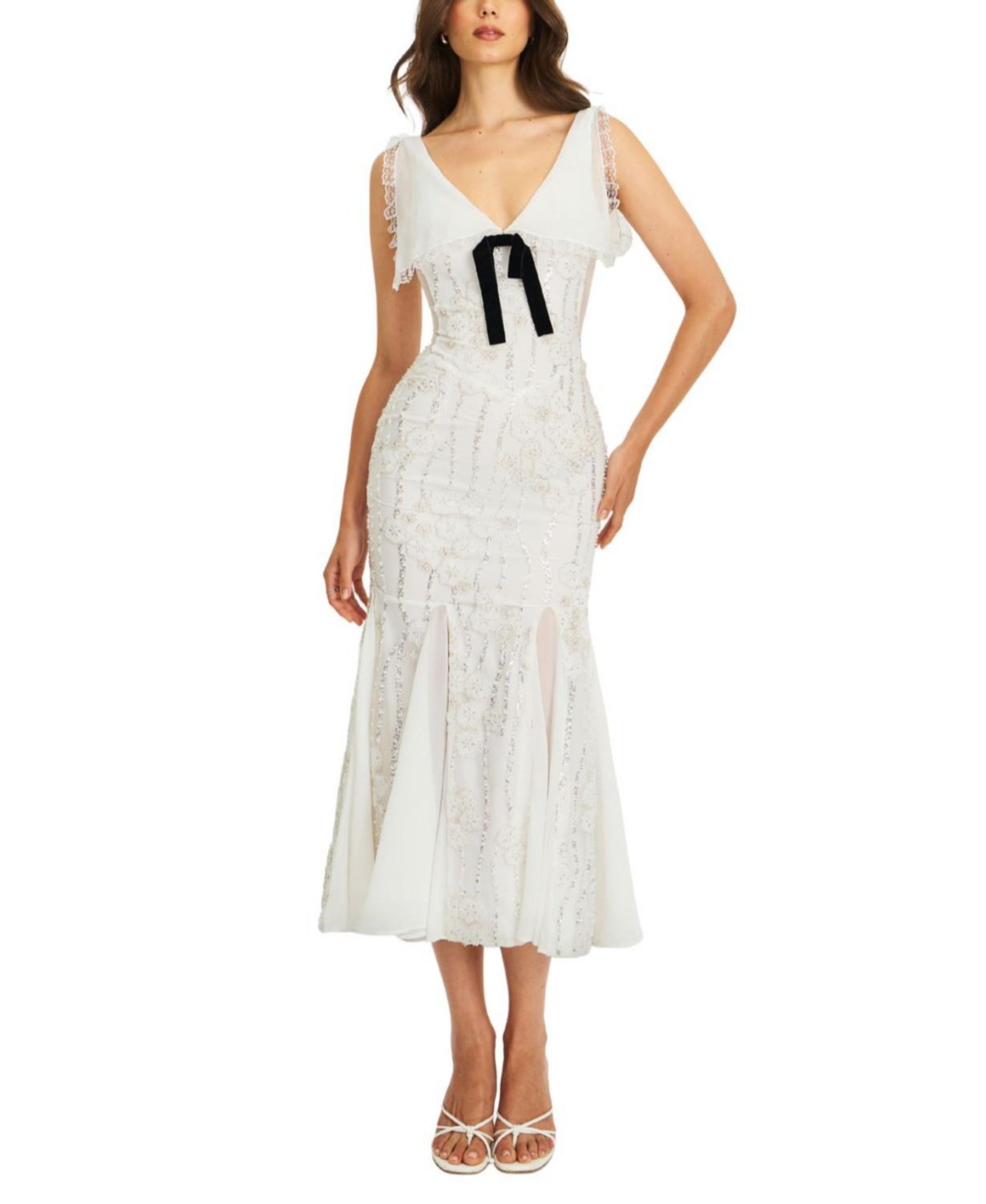 Paola Peter Pan Collar Beaded Sequin Mermaid Midi Dress