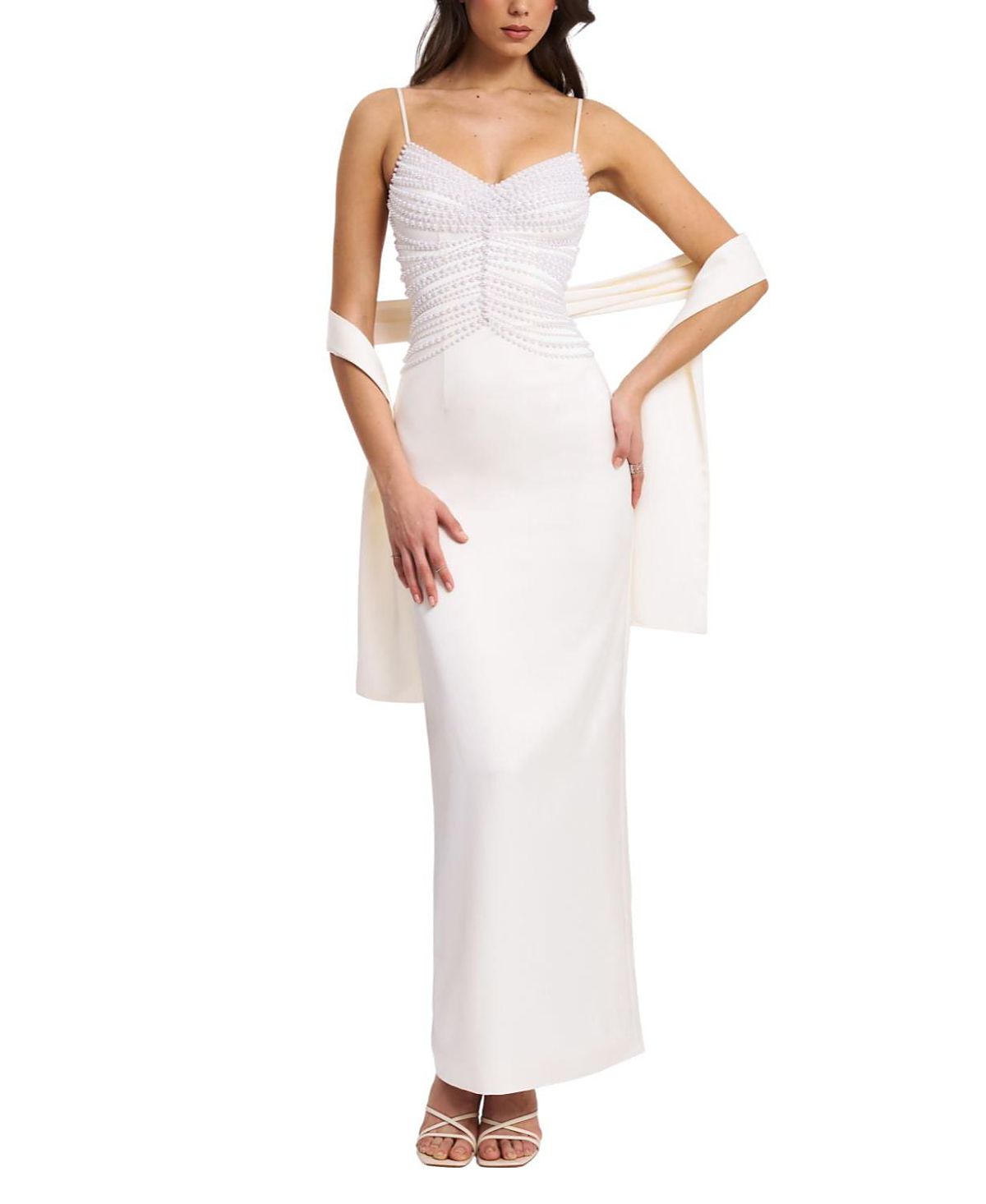 Miss Circle Karmen Faux Pearl Top Pencil Slip Gown with Scarf
