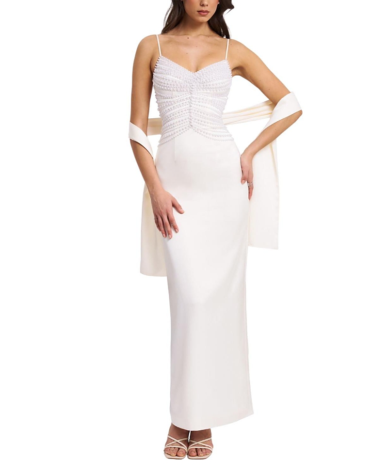 Miss Circle Karmen Faux Pearl Top Pencil Slip Gown With Scarf In White
