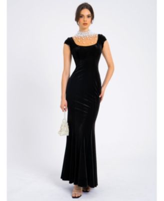  Rachael Velvet Faux Pearl Embellished Gown