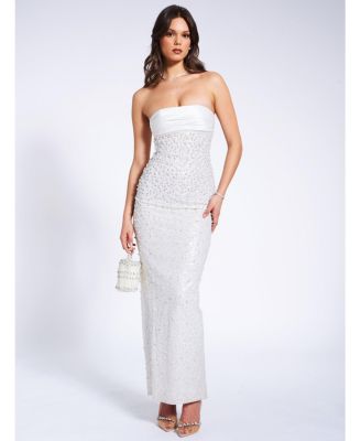 Lainey Satin Sequin Beaded Maxi Evening Dress