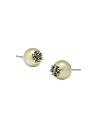 Kira Pav&eacute; Double T Imitation Pearl Stud Earrings in Silver Tone
