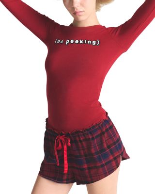 No Peeking Top & Plaid Shorts Pajama Set