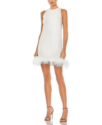  Feathered Hem High Neck Sleeveless A Line Dress