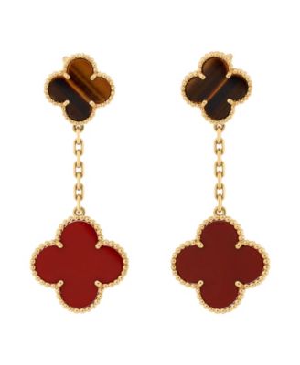  Magic Alhambra 2 Motifs Drop Earrings 18K Gold with Tiger's Eye and Carnelian