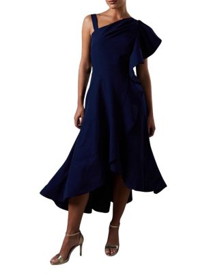  One Shoulder Crepe Ruffle Midi Dress