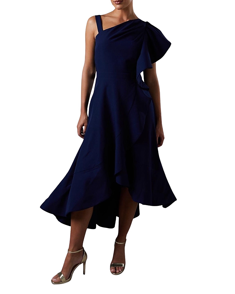 Coast One Shoulder Crepe Ruffle Midi Dress