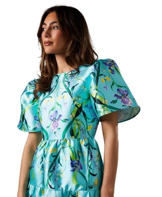  Twill Puff Sleeve Printed Midi Dress