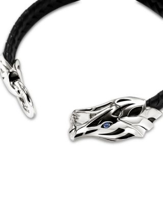 Men's Sterling Silver Naga Blue Sapphire Black Leather Bracelet