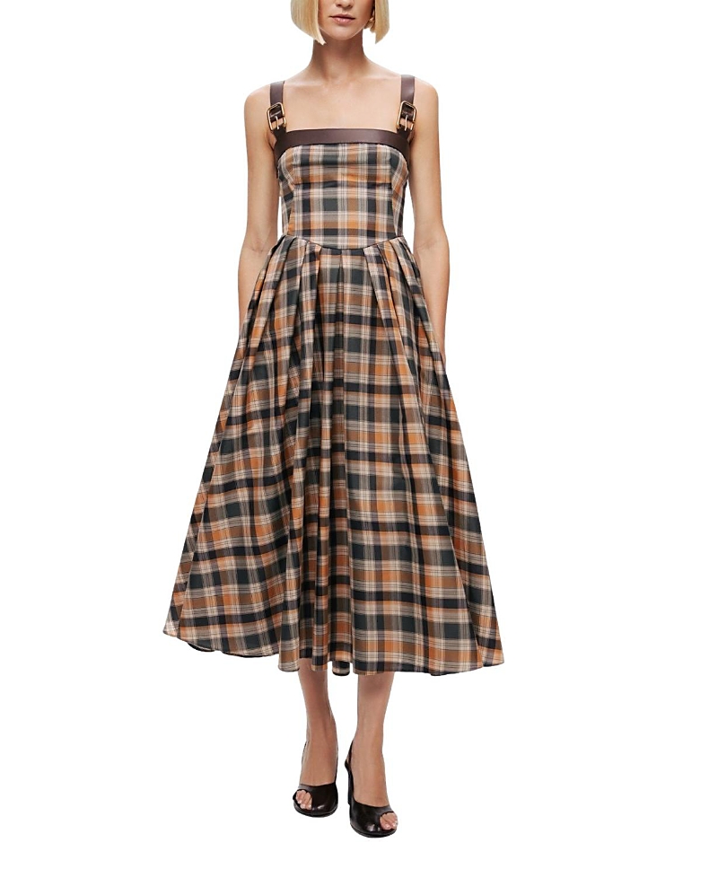 Nocturne Plaid Pleated Maxi Dress with Faux Leather Belt