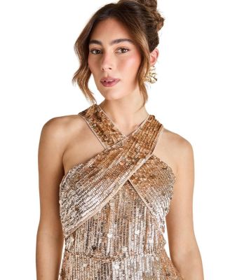Gold Sequin Tassel Halter Neck Dress