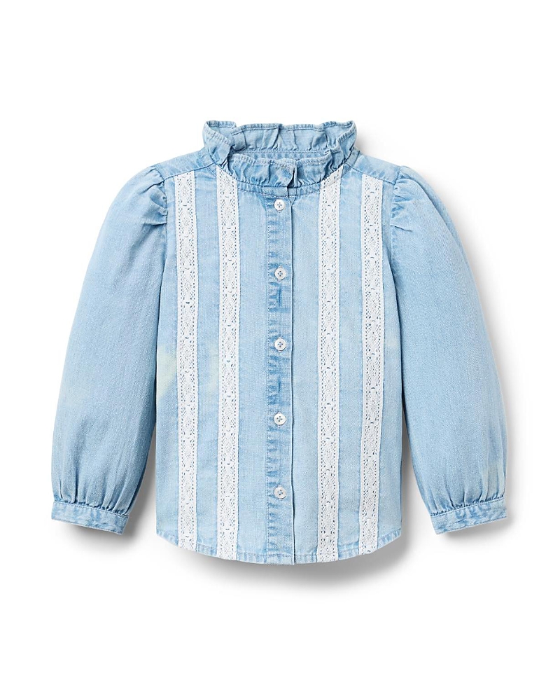 Janie and Jack Girls' Chambray Lace Top - Baby, Little Kid, Big Kid