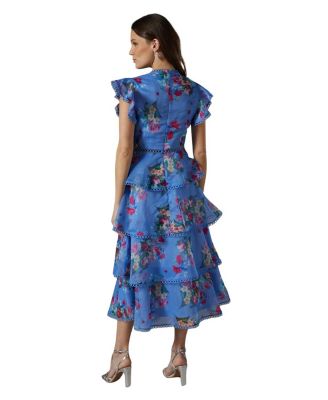 Lace Trim Tiered Organza Midi Dress