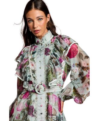 Long Sleeve Printed Organza Shirt Dress