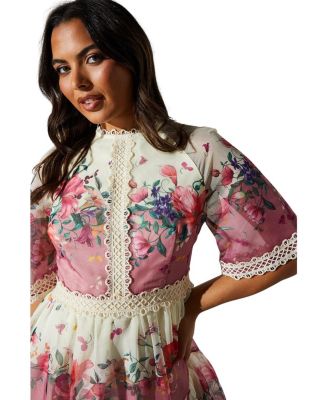 Organza Floral Tiered Lace Trim Dress