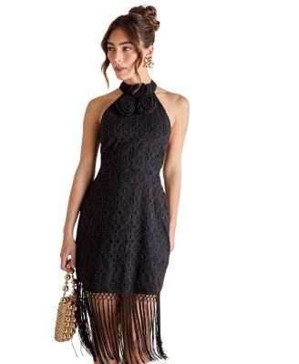 Broderie Embellished Fringe Halter Dress