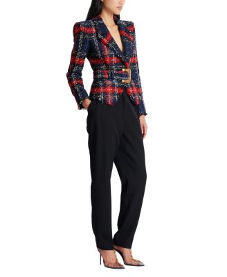 Belted Plaid Tweed Jacket