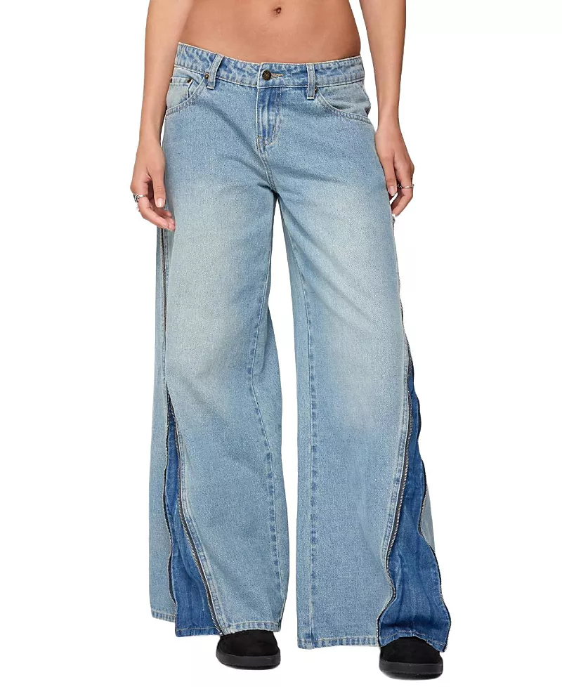 Edikted Kiarah Low Rise Bootcut Jeans in Blue Washed