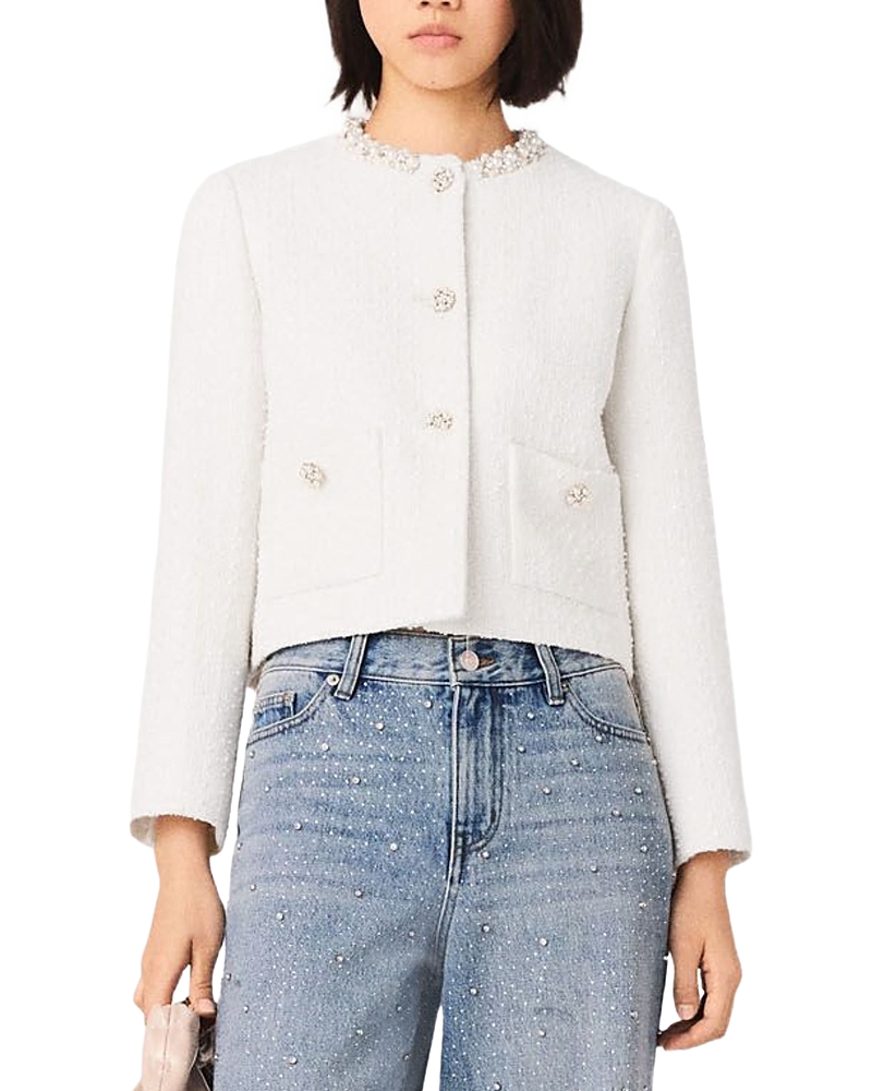 Maje Faux Pearl Trim Tweed Jacket