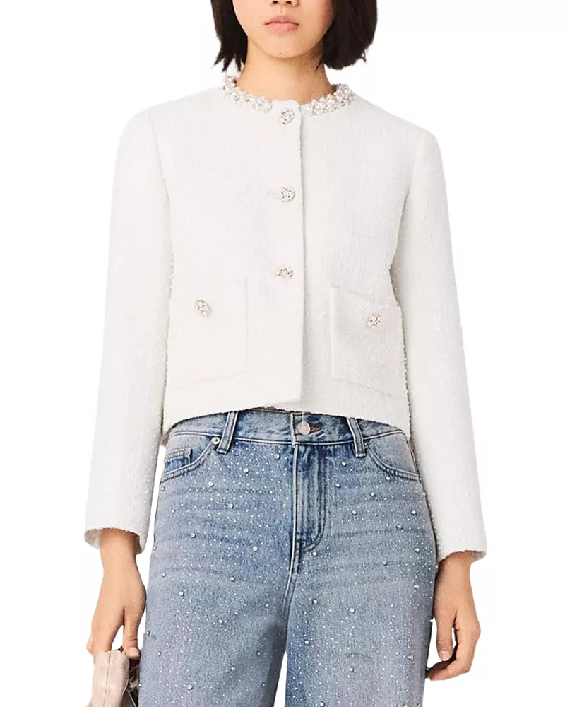 Maje Faux Pearl Trim Tweed Jacket