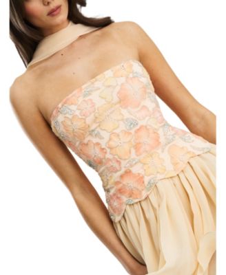 Quanisha Beaded Floral Mini Chiffon Dress with Scarf