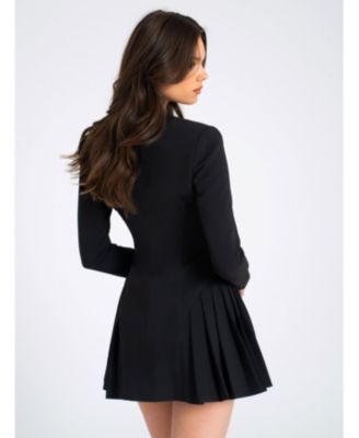 Ria Blazer Mini Dress with Crystal Button and Pleated Detail