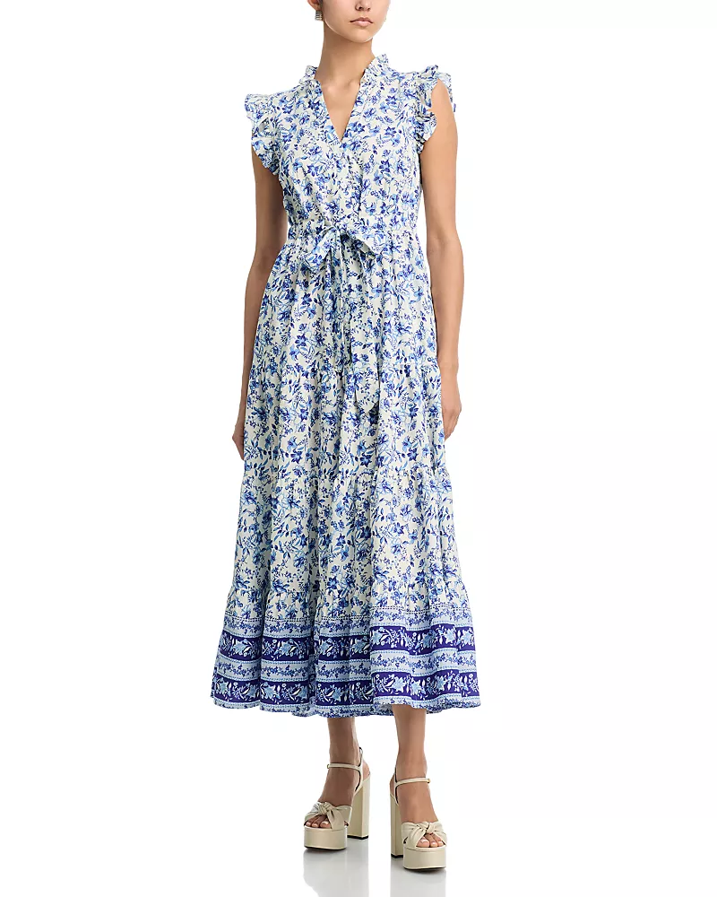 Aqua Short Sleeve Floral Border Button Down Maxi Dress - Exclusive