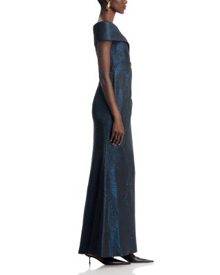 Metallic Jacquard Wavy Pattern Portrait Gown